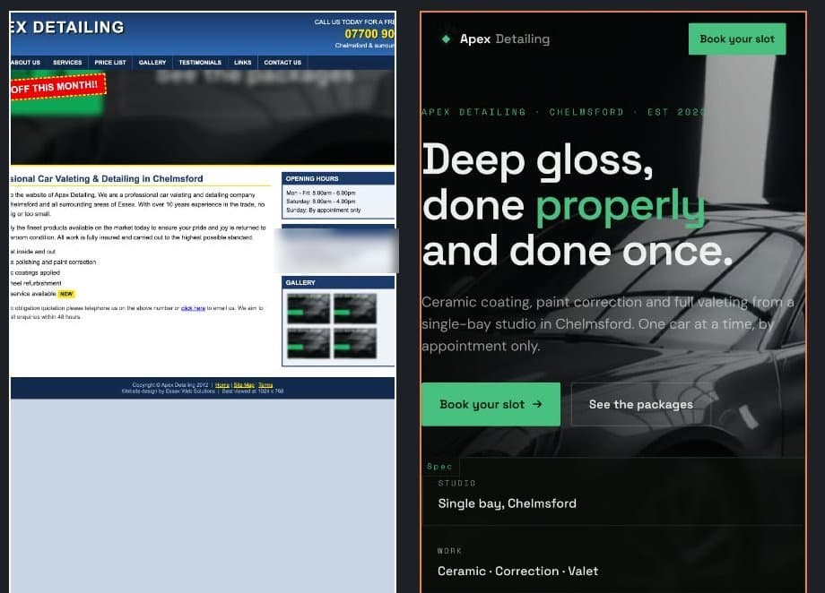 Before: a cluttered car valeting website. After: a dark, clean page with a Book your slot button.