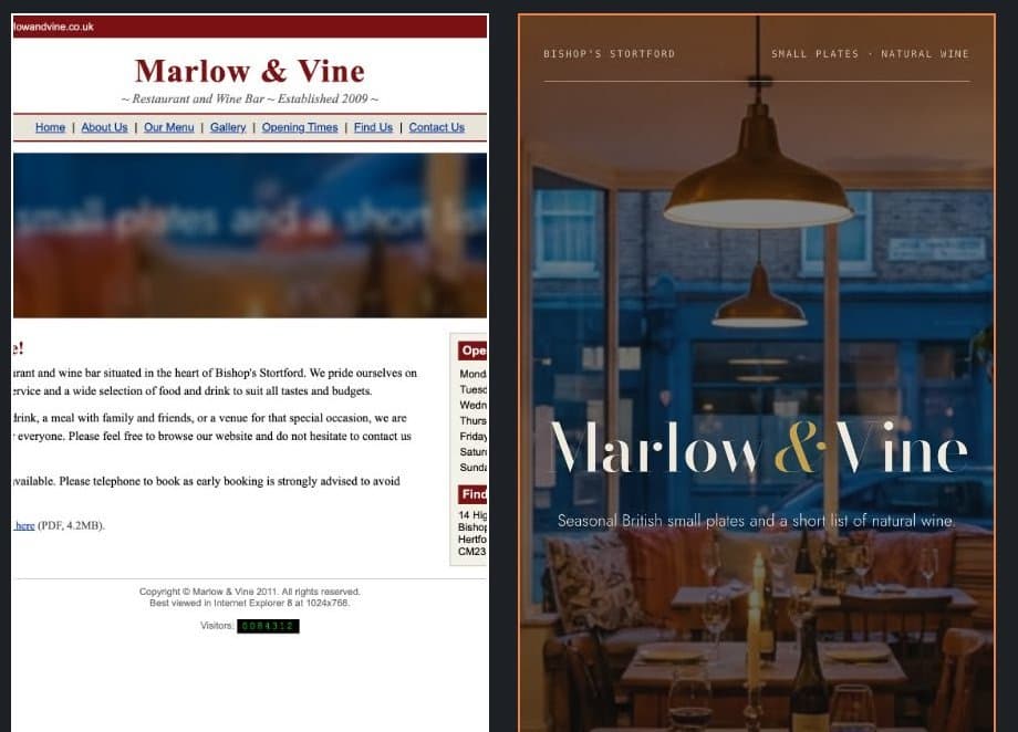 Before: a dated restaurant website with a blurry banner. After: a modern page with a warm dining room photo.